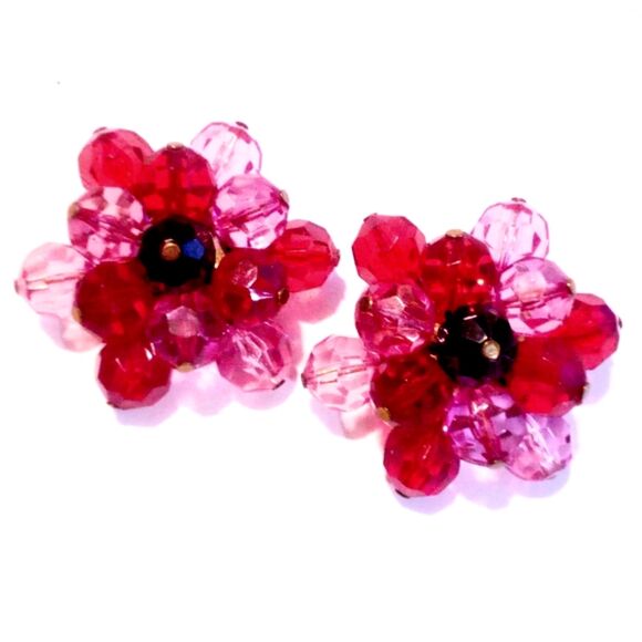 Vintage Large Red and Pink Faceted Bead Cluster Clip On Earrings - Picture 2 of 4